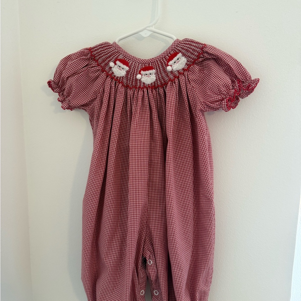 Smocked Red Gingham Baby Romper with Santa Design